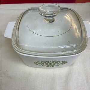 Corning ware Elegant White Casserole Dish with Green Design and Glass Lid